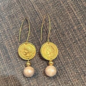 Gold coin with pearl drop earring